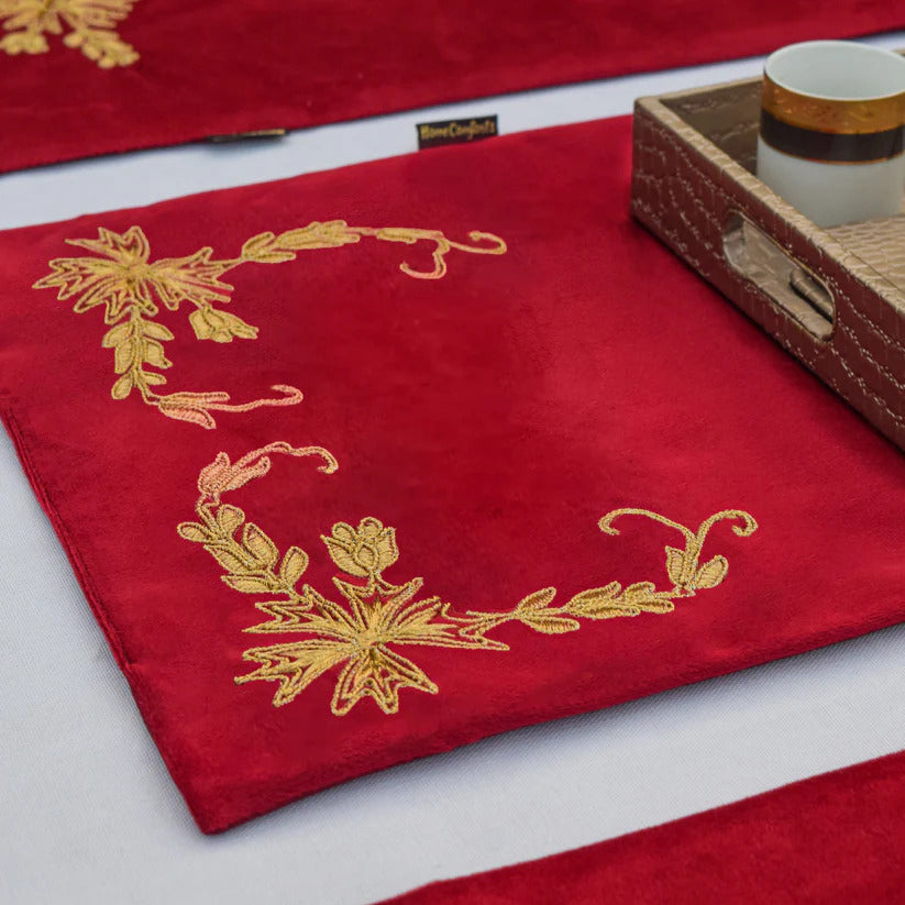 Maroon Lotus Embroidered Velvet Table Set