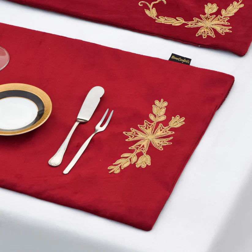 Maroon Lotus Embroidered Velvet Table Set